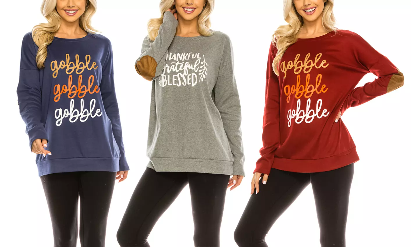 Haute Edition Women's Thanksgiving Tunic Elbow Patch Graphic Tees - Primary Image