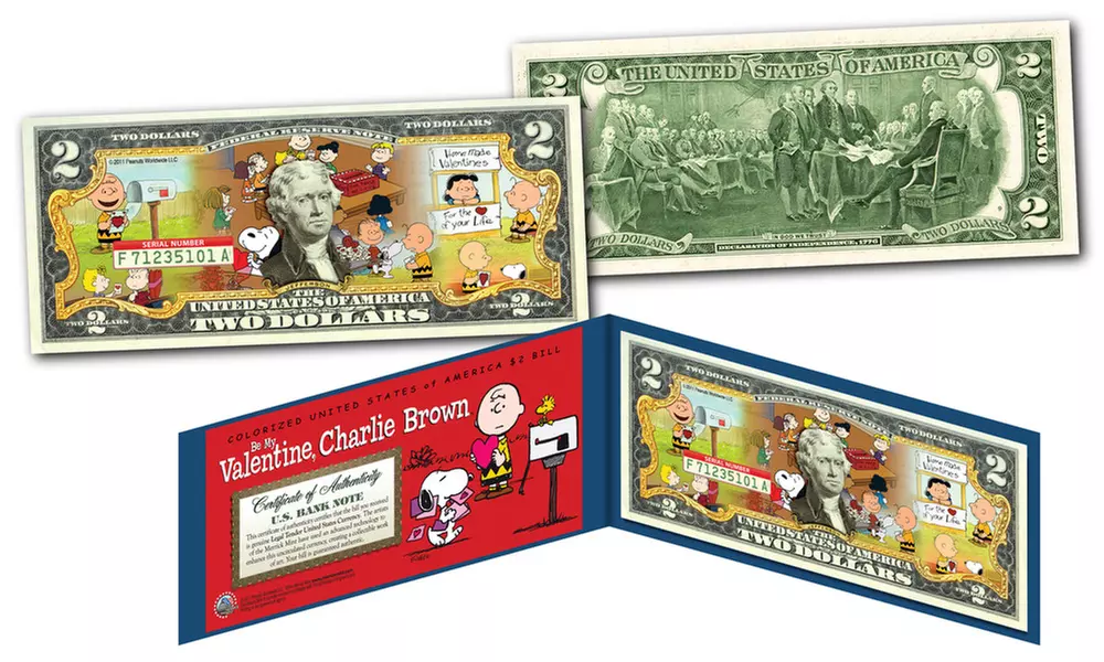 Be My Valentine Charlie Brown Peanuts Genuine Legal Tender U.S. Two-Dollar Bill