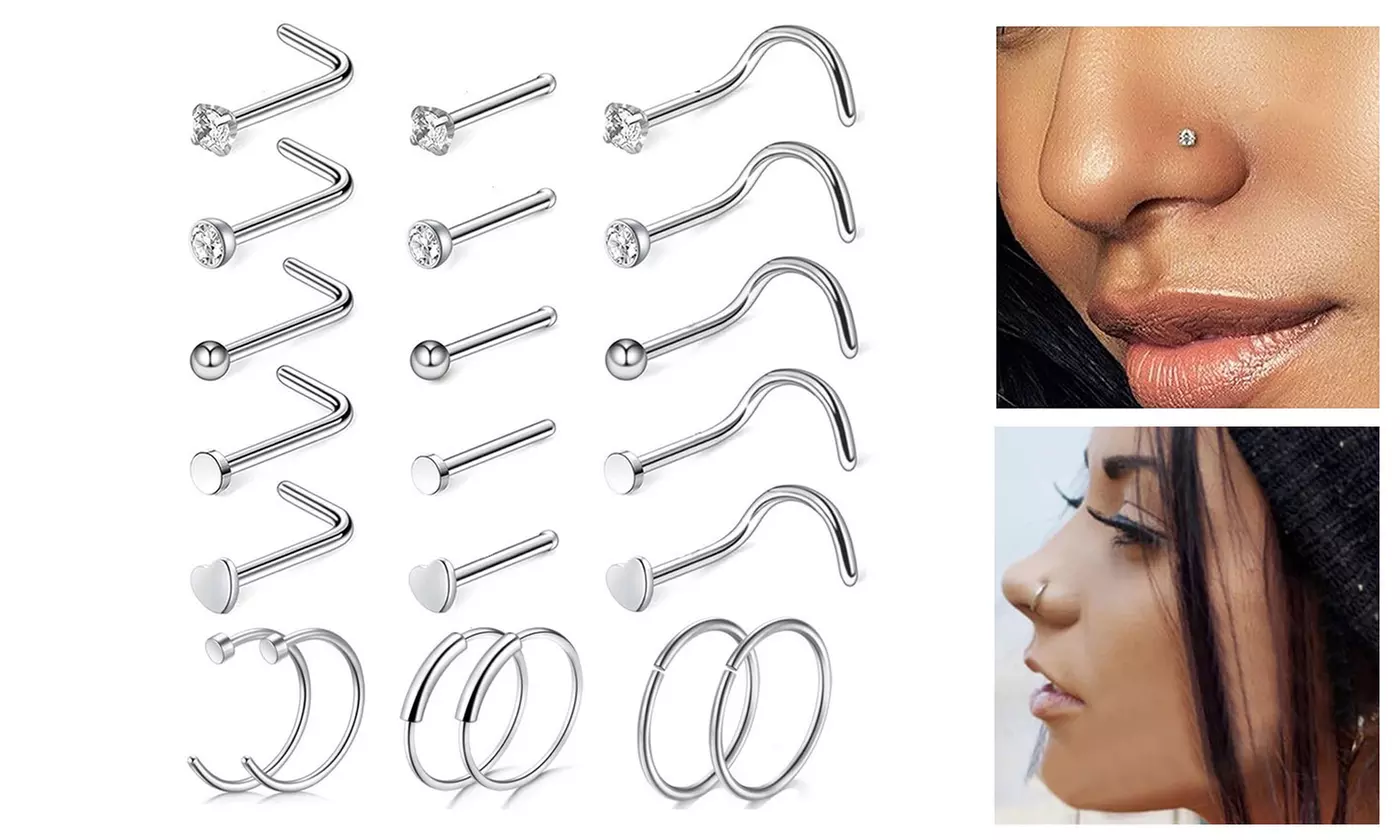 21pcs/set 20G Nose Ring Studs Hoops Screws Bend Rings Piercing Accessories