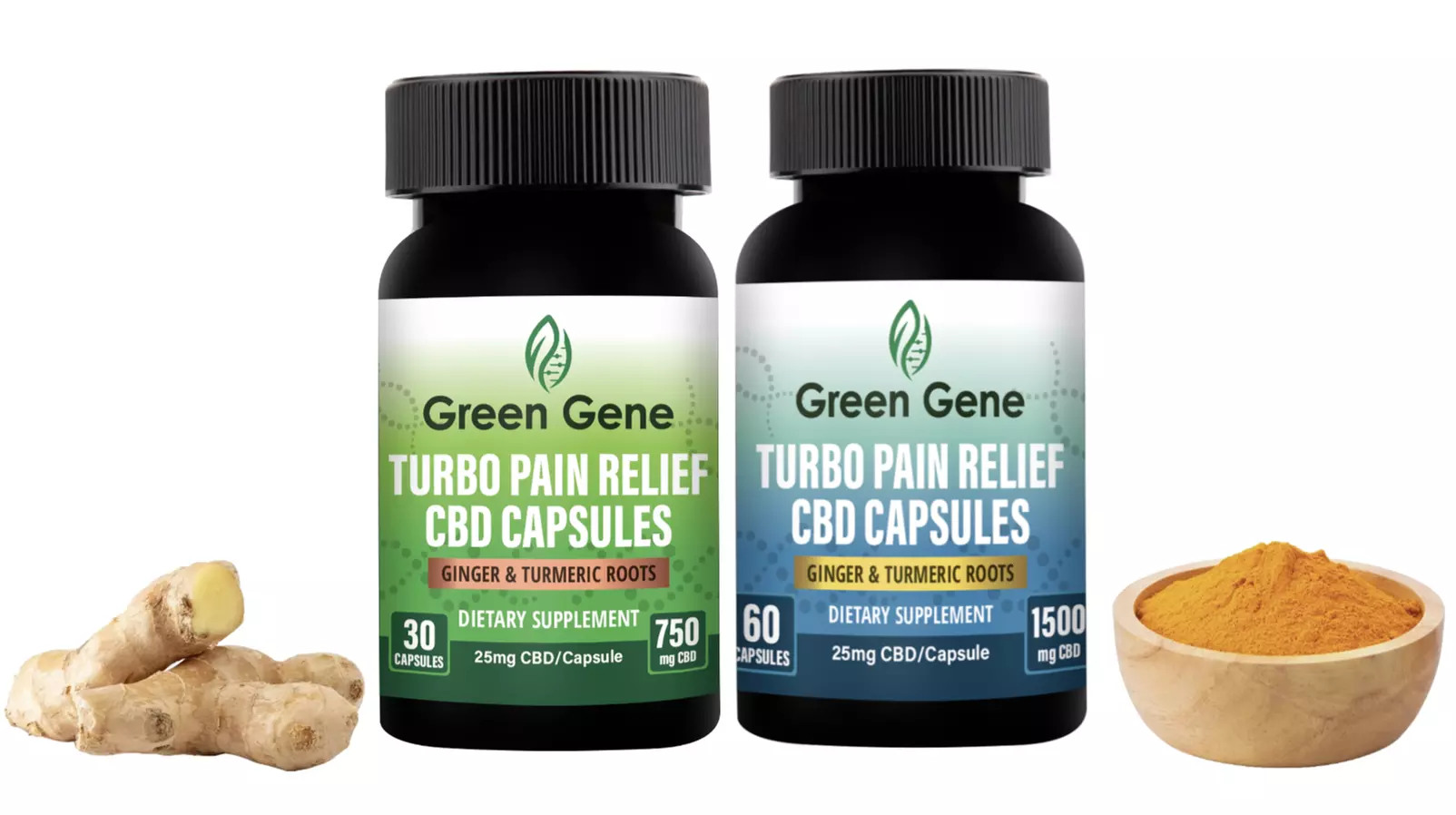 Turbo Pain Relief CBD Capsules W/ Ginger & Turmeric (750MG-1500MG) by Green Gene - Primary Image