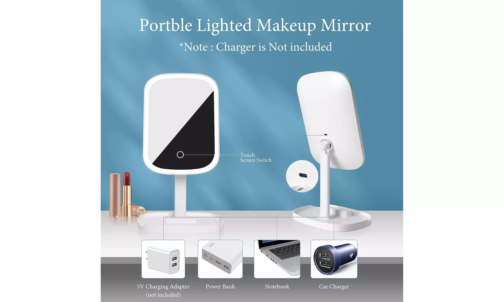 Rechargeable LED Makeup Touchscreen Vanity Mirror with Base Storage