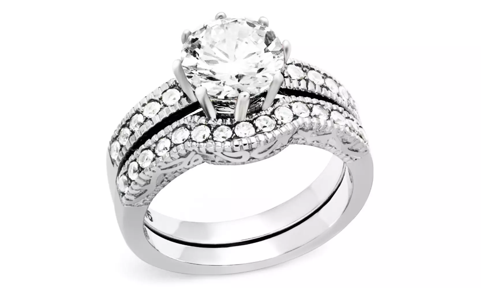 Women's Round Cut Cubic Zirconia Stainless Steel Wedding Ring Set 