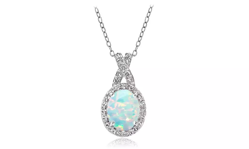 925 Sterling Silver Synthetic Opal & White Topaz X and Oval Pendant Necklace
