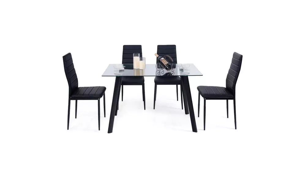 Modern Glass Dining Table Set Tempered Glass w/4 Chairs Black - Second Medium