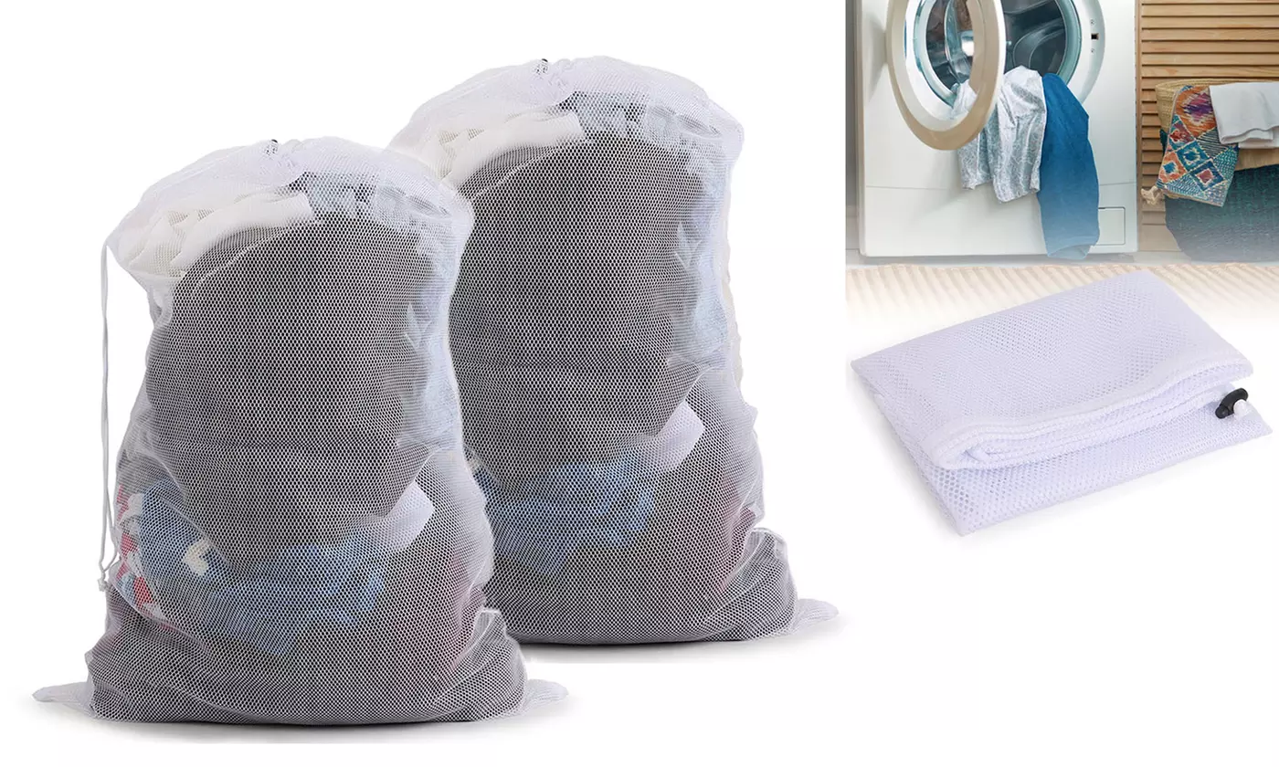 2Pcs Heavy Duty Laundry Bag Large Mesh Wash Clothes With Drawstring Top Closure