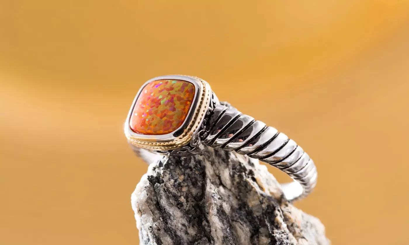 Two-Tone Mexican Opal Rhodium Plated Ring  - Primary Image