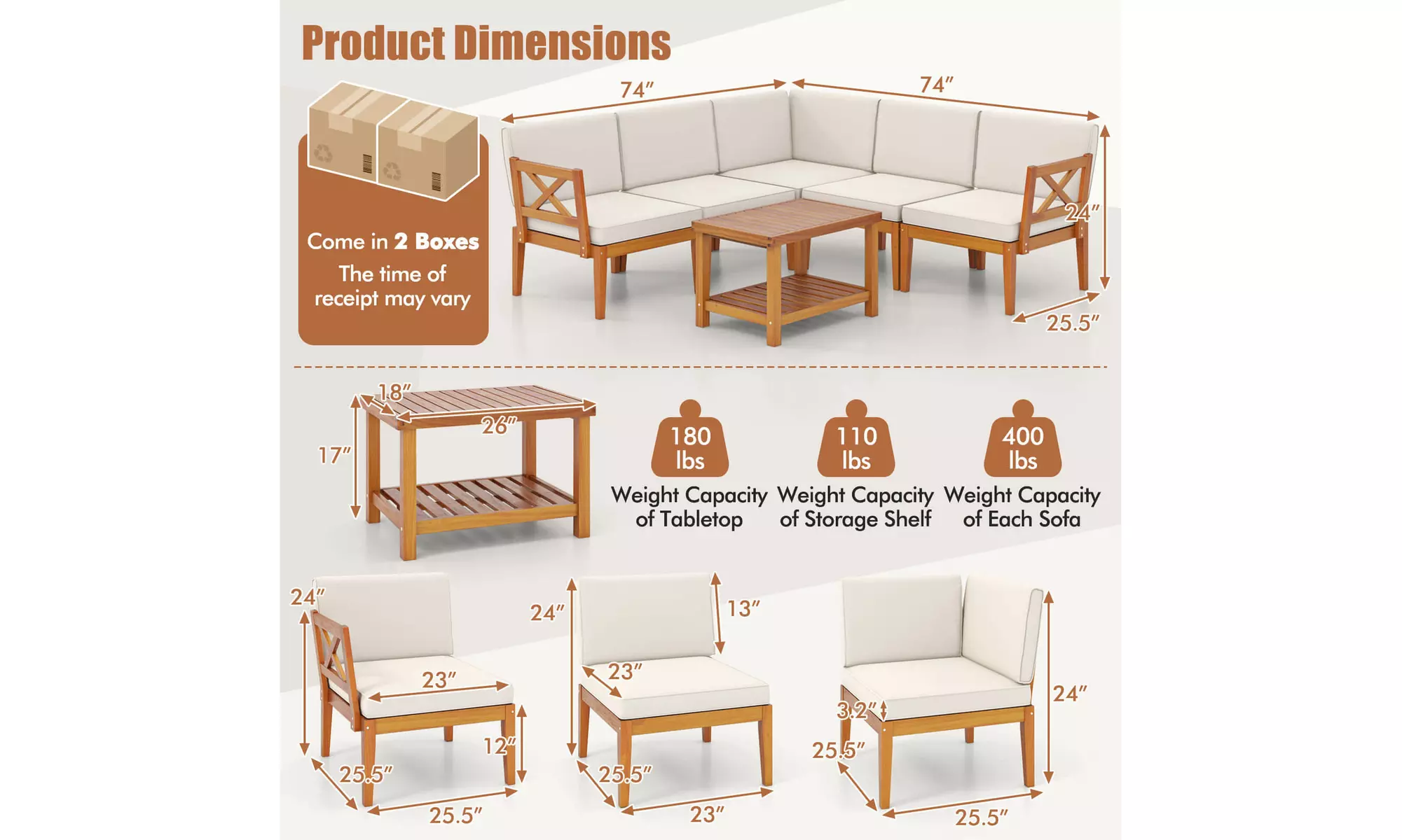 Costway Acacia Wood Patio Furniture Set with Cushions and 2-Tier Coffee Table