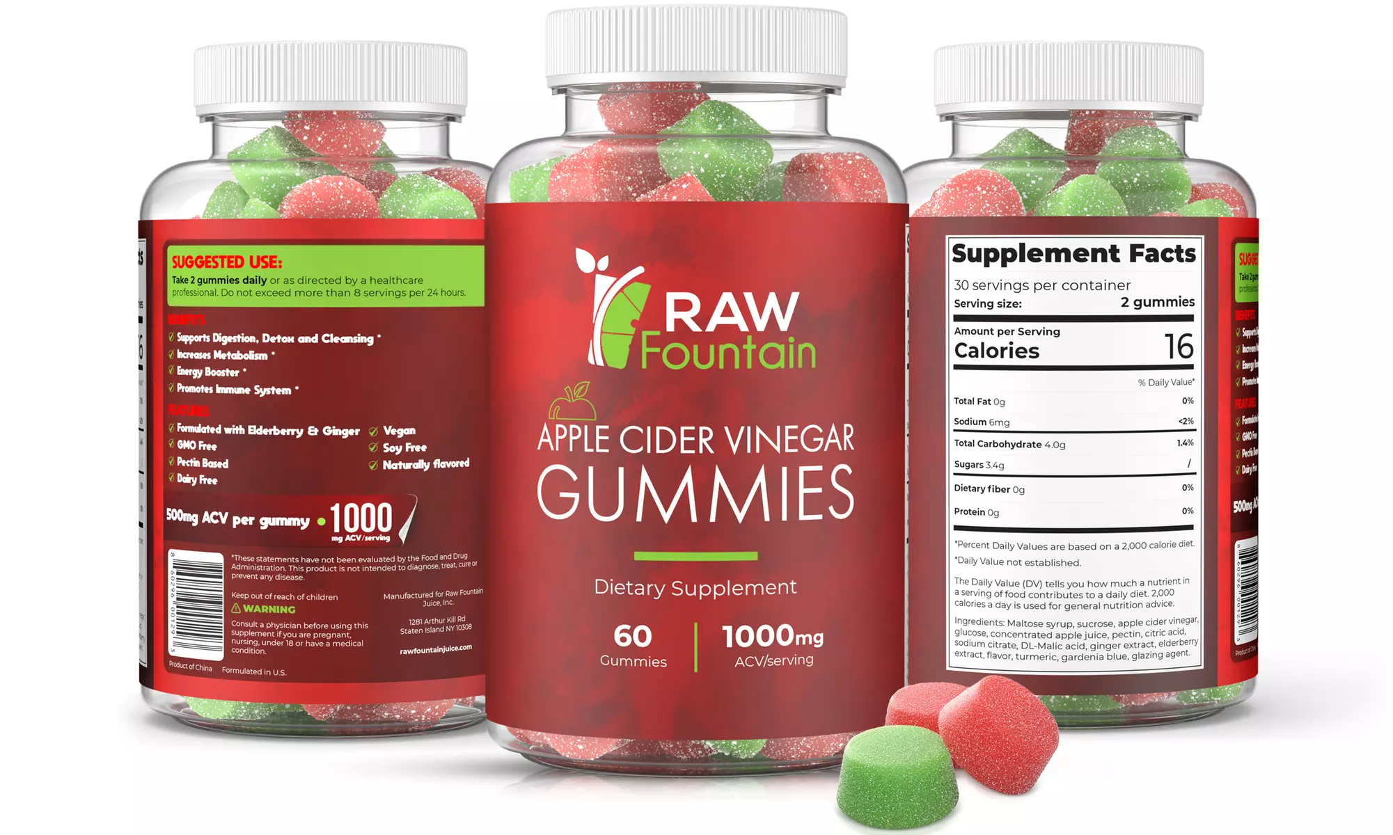 Raw Fountain Apple Cider Vinegar Gummies 1000mg , ACV with Elderberry, Ginger - Primary Image