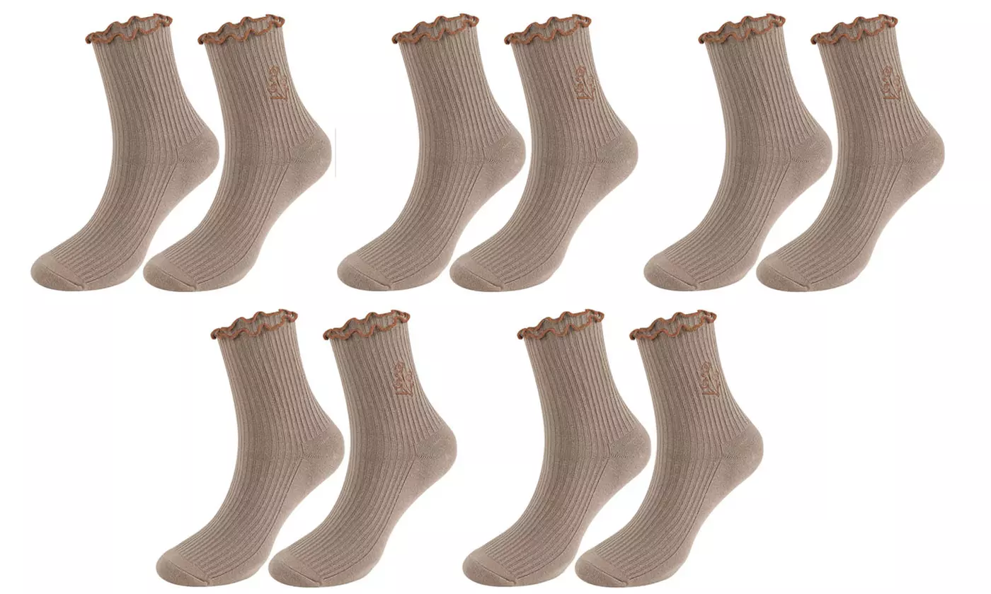 Womens Breathable Cotton Knit Ruffle Turn-Cuff Casual Ankle Socks(5 Packs)