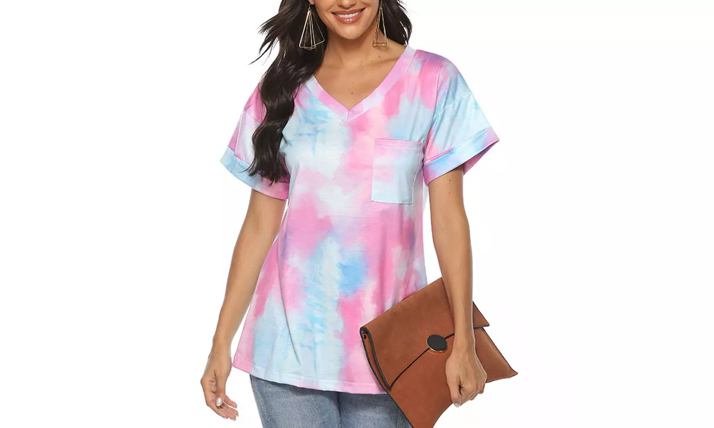 Women Summer Short Sleeve T Shirt V Neck Blouse Gradient Casual Loose Top Tee US