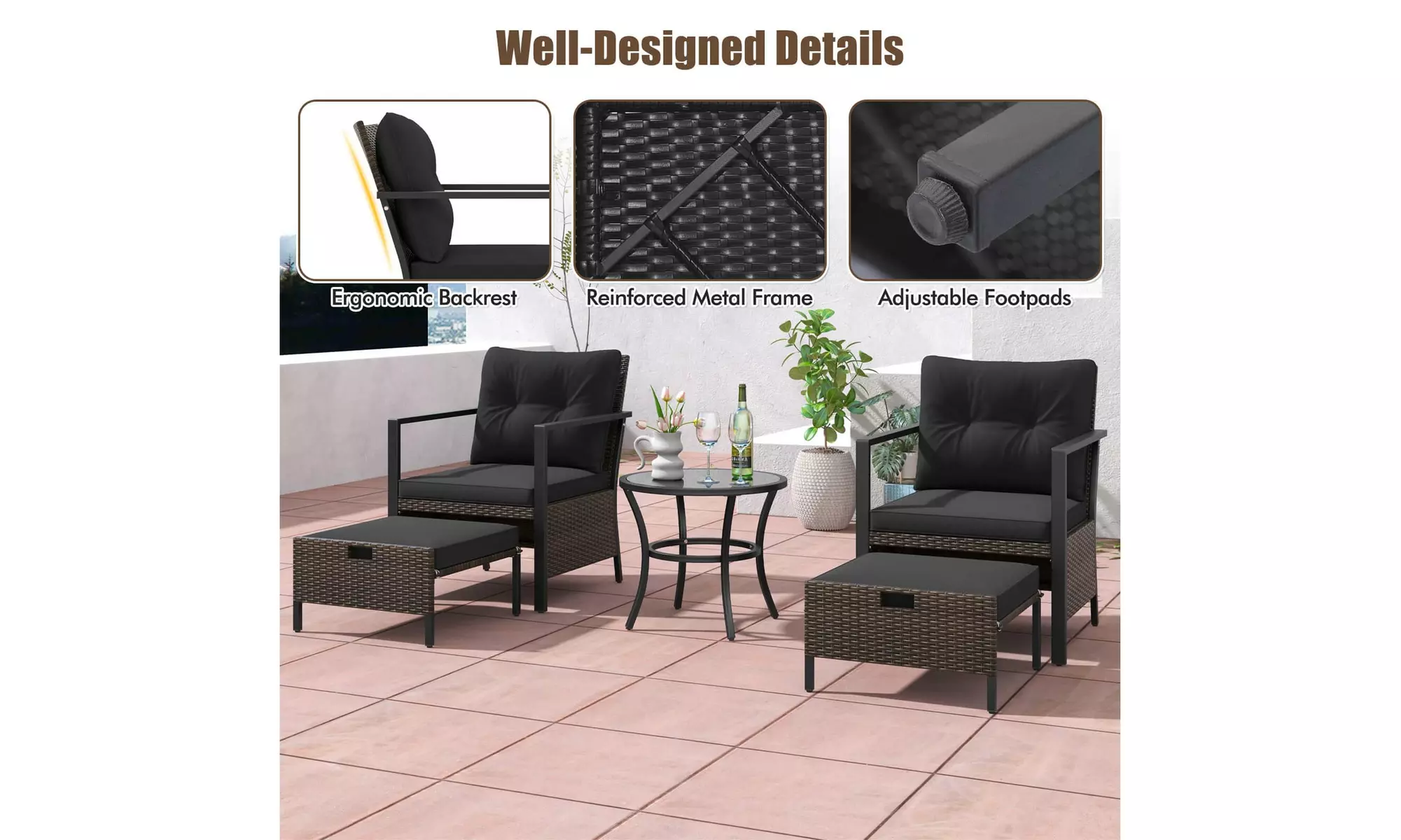 Costway 5 PCS Outdoor Furniture Set Rattan Chairs & Ottomans with Coffee Table