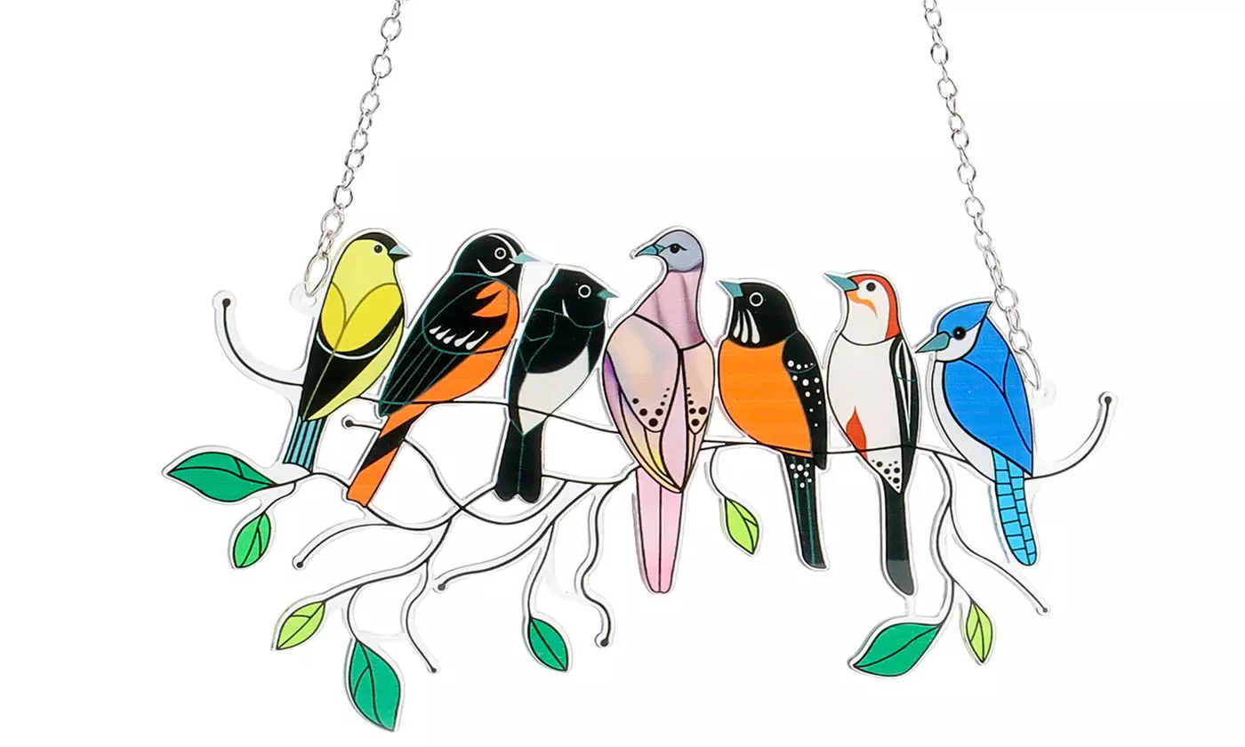 Multicolor Birds On A Wire High Stained Suncatcher Window Panel Home Decor