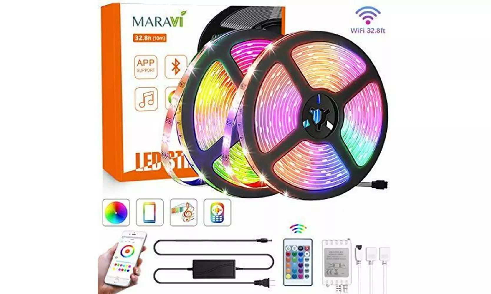 LED Strip Lights,32.8ft/10M Waterproof RGB Bluetooth with Remote & Control Box - Primary Image