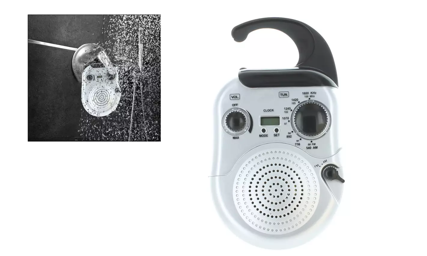 Waterproof AM/FM Shower Radio w/Clock Traveling Listening Device For Bathroom - Primary Image