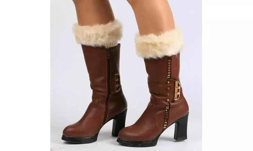 Women's Boot Socks Knitted Warm Faux Fur Cuffs Toppers Ankle Leg Solid Stockings