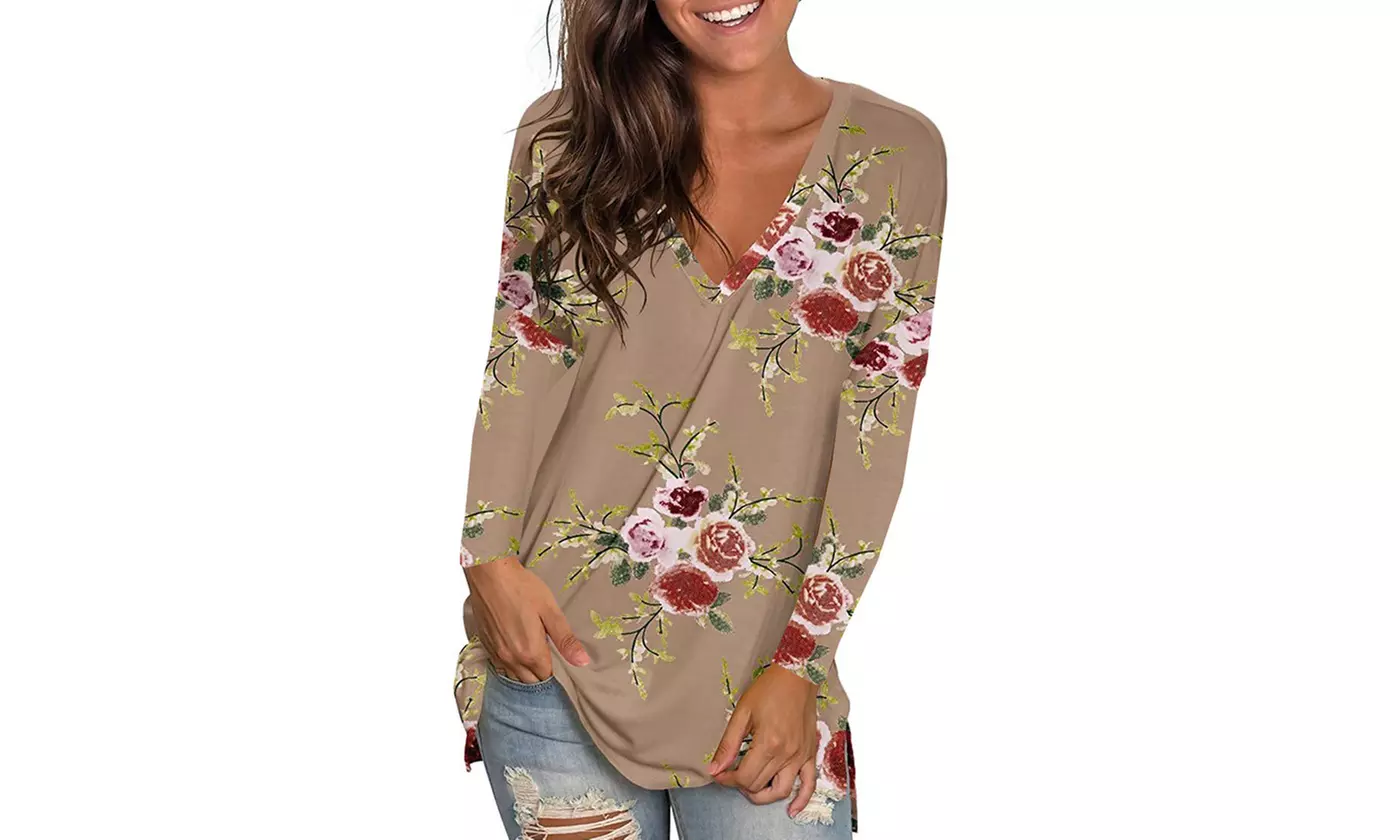 Womens Summer  Floral Printed V Neck Tunic Shirts 