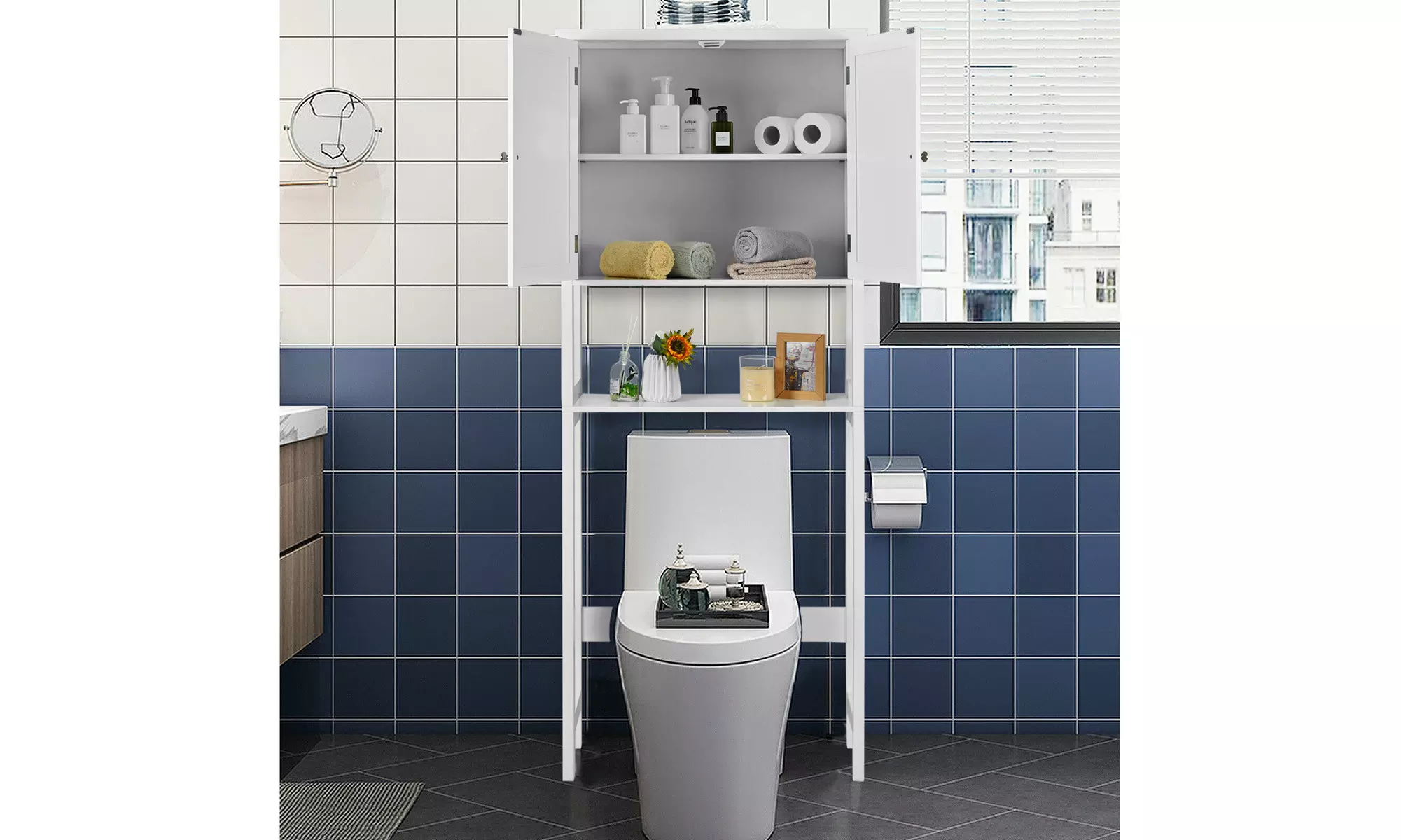 Over The Toilet Storage Cabinet Double Door Bathroom Organizer Adjustable Shelf 
