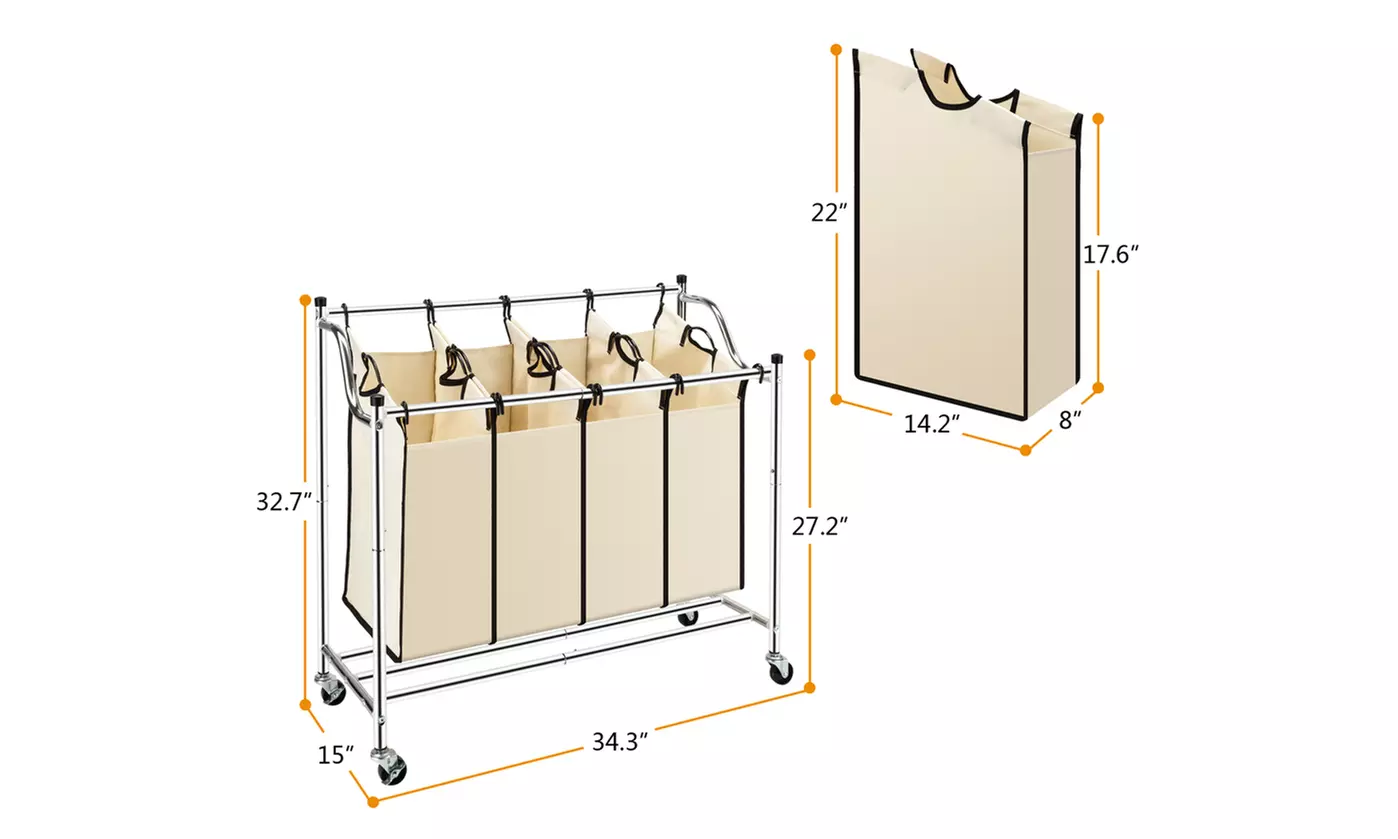 Laundry Sorter 4-Bag Heavy-Duty Rolling Laundry Hamper Cart with Removable Brake - Primary Image