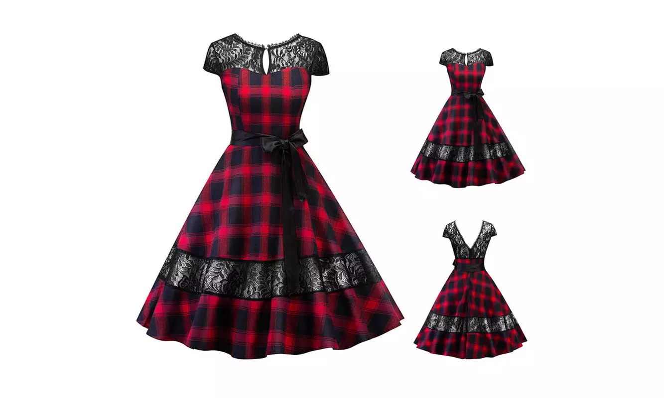 Women's V Back Vintage Plaid 1950's Retro Rockabilly Evening Party Swing Dress - Primary Image