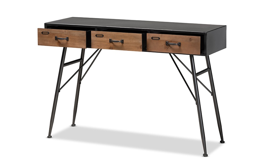 Ariana Black and Oak Brown Wood 3-Drawer Metal Console Table | Groupon