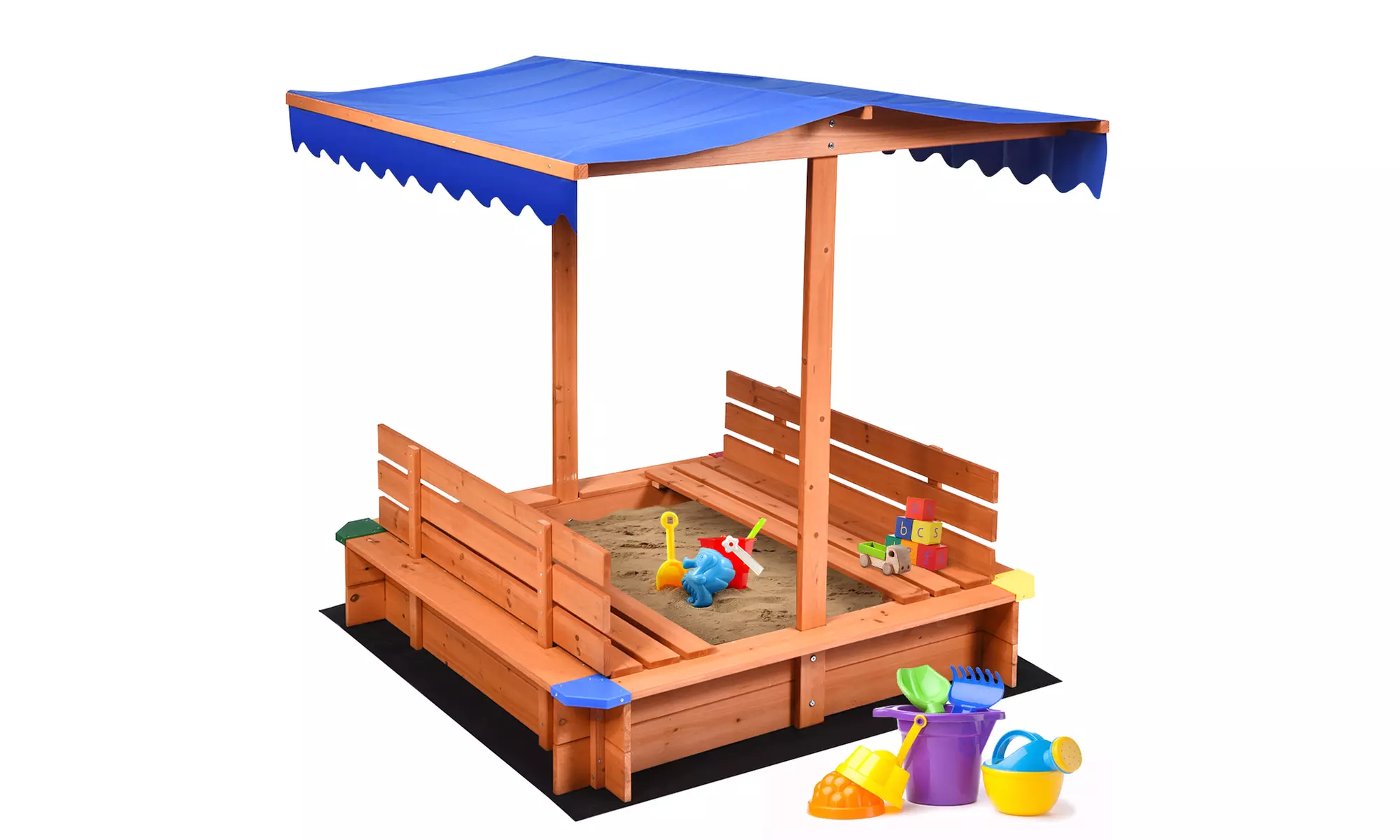 Costway Kids Cedar Sandbox w/ Canopy & Bench Seats Children Outdoor Playset - Primary Image
