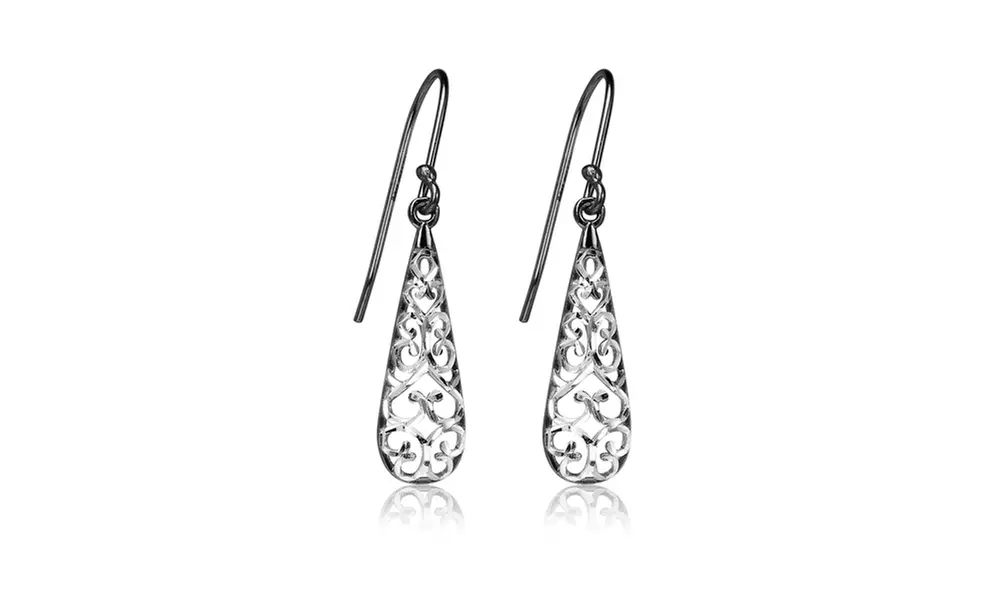 Black Flashed 925 Silver Two-Tone Diamond-cut Filigree Teardrop Dangle Earrings