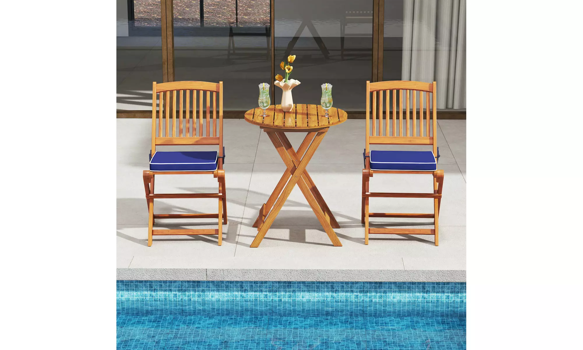 Costway Outdoor Folding Chairs Acacia Wood High-Back Chair with Seat Cushions