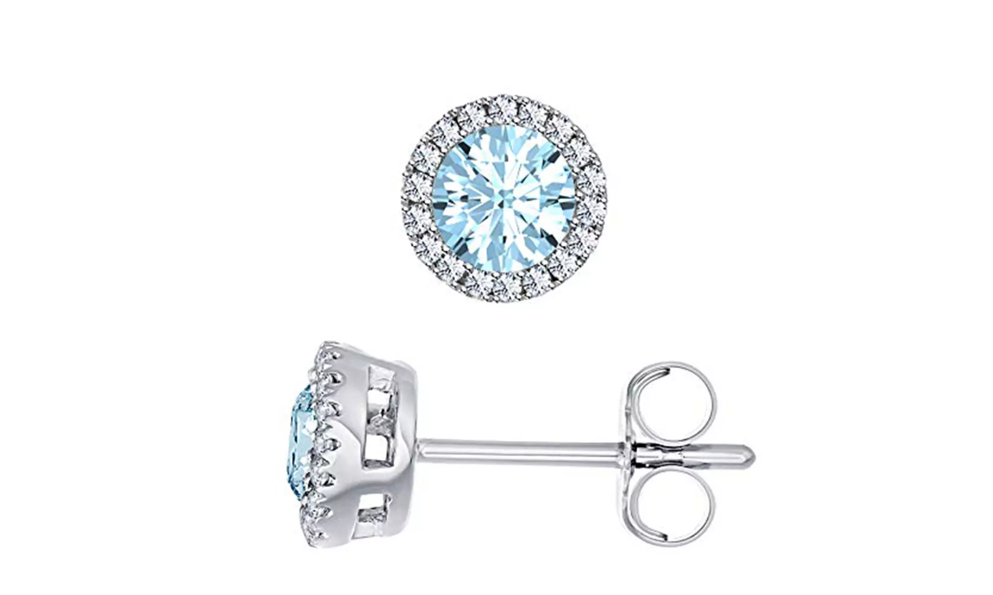 14k White Gold Plated 1 Ct Round Blue Aquamarine Halo Stud Earrings