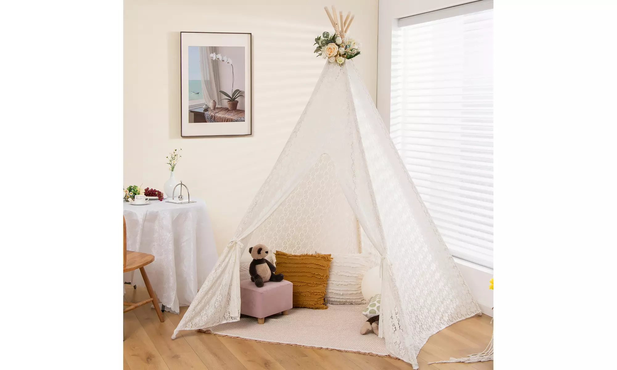 Costway 85'' Height 5 Sides Huge Lace Play Tent for Kids Adult Wedding w/ Light