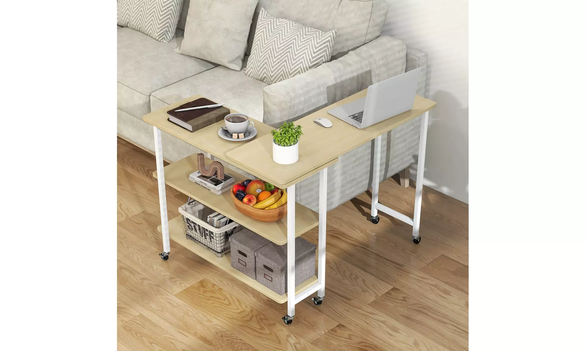 Costway 360-degree Rotating L-Shaped Sofa Side Table with Shelf