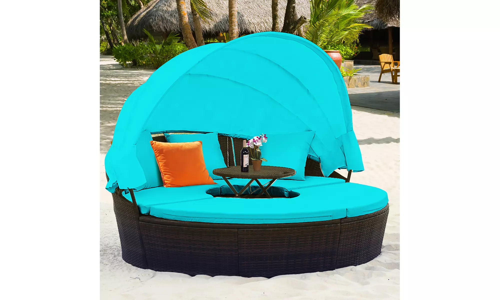 Costway Patio Rattan Daybed Cushioned Sofa Adjustable Table Top Canopy Turquoise - Primary Image