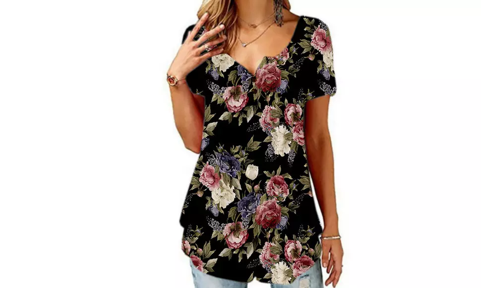 Women's Button Up Pleated Front Summer Short Sleeves Casual Tops Tunic Shirts 
