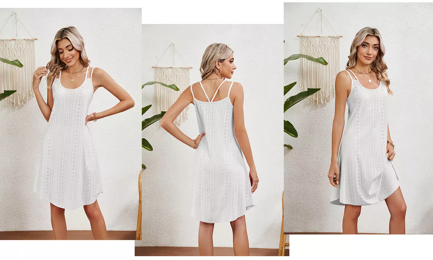 Women's Summer Scoop Neck Double Strap Tank Swing Midi Dress