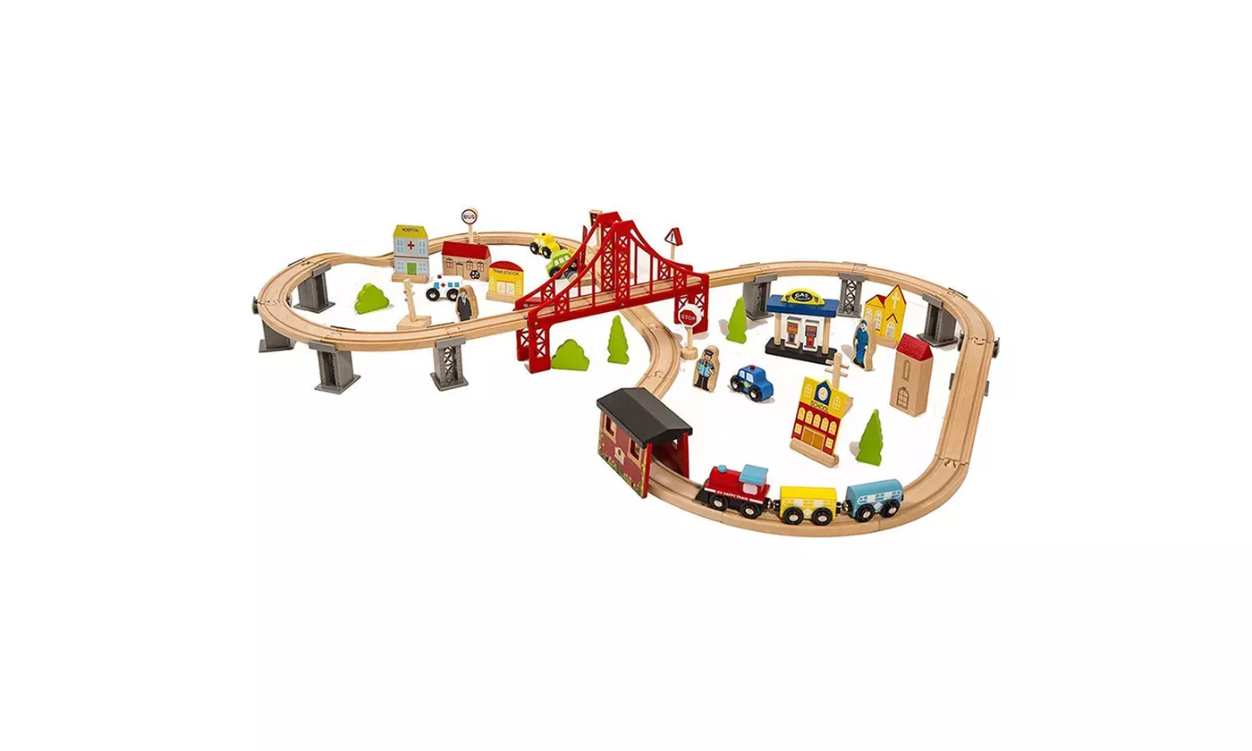 70 Pcs Hand Crafted Wooden Train Set Crossing Railway Track Kids Toy - Primary Image