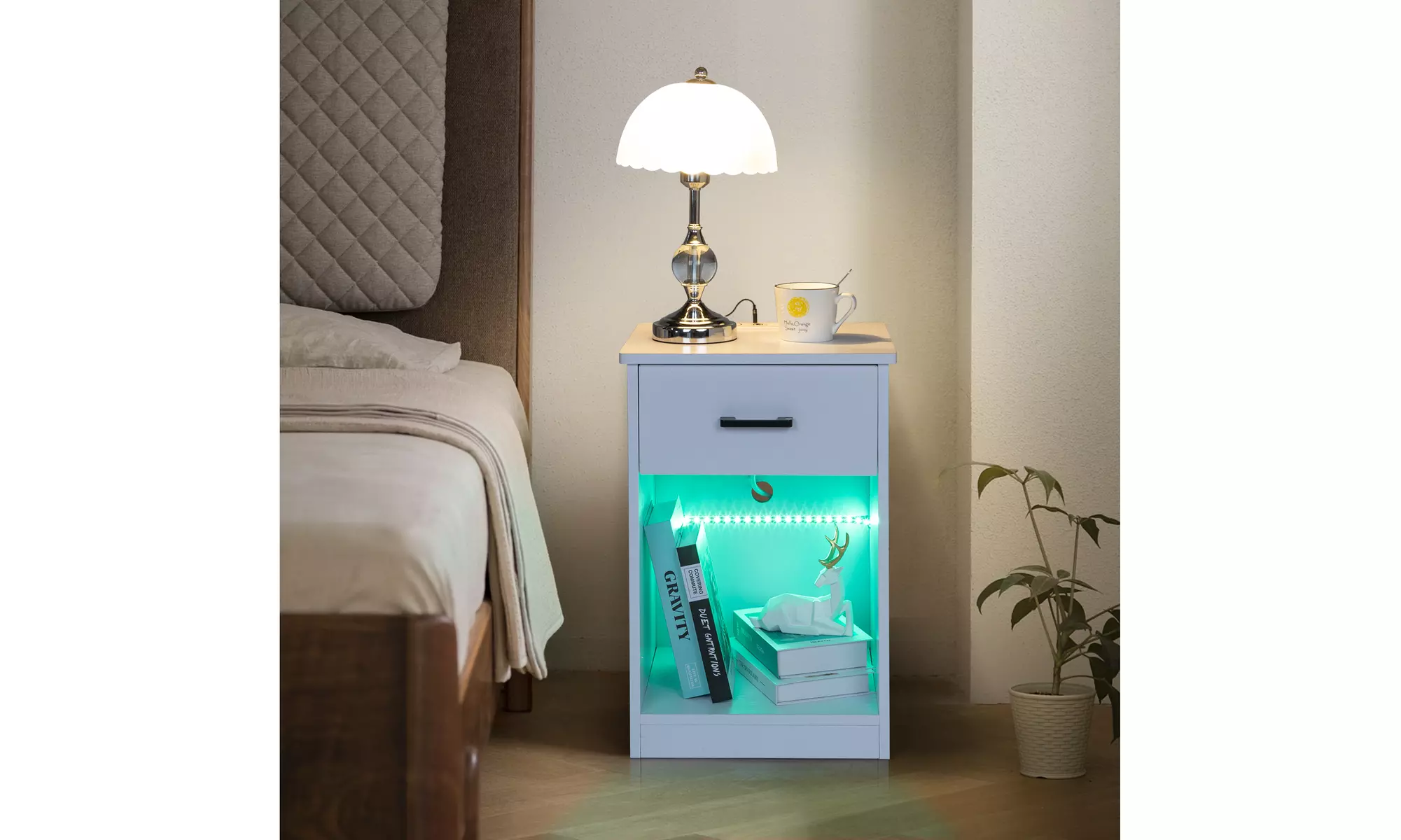 LED Nightstand with Wireless Charging Station 1 Drawer Bedroom End Side Table - Primary Image