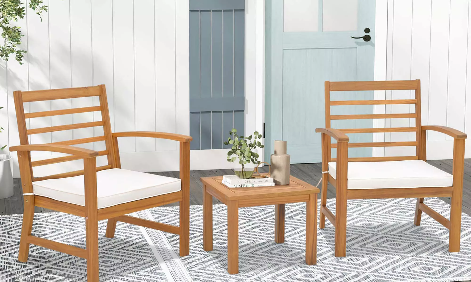 Costway 3 PCS Outdoor Furniture Set Acacia Wood Conversation Set with Cushions - Primary Image