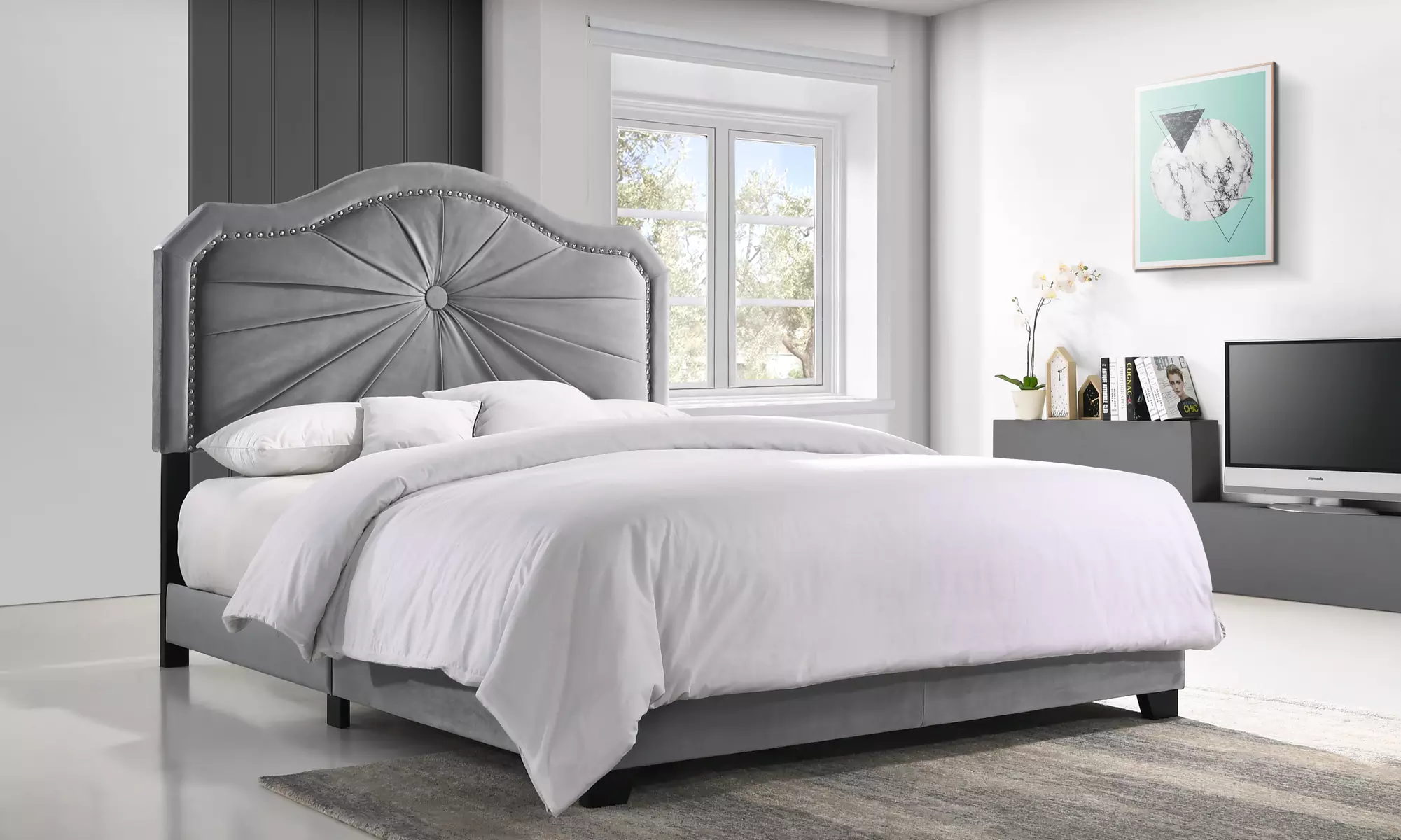 Baxton Studio Embla Glamour-Style Upholstered Full, Queen, or King Bed with Headboard - Primary Image