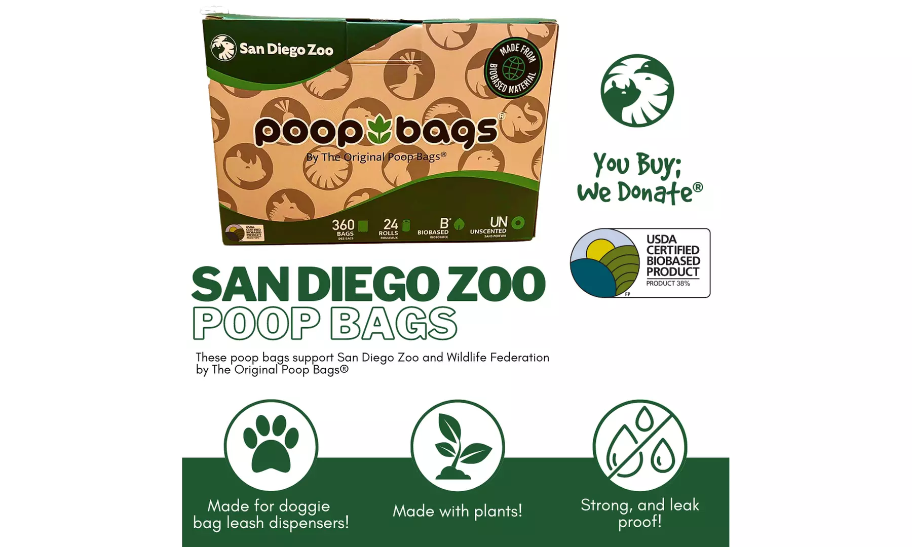 1080 USDA Certified Biobased - San Diego Zoo Poop Bags & Hydrant Dispenser