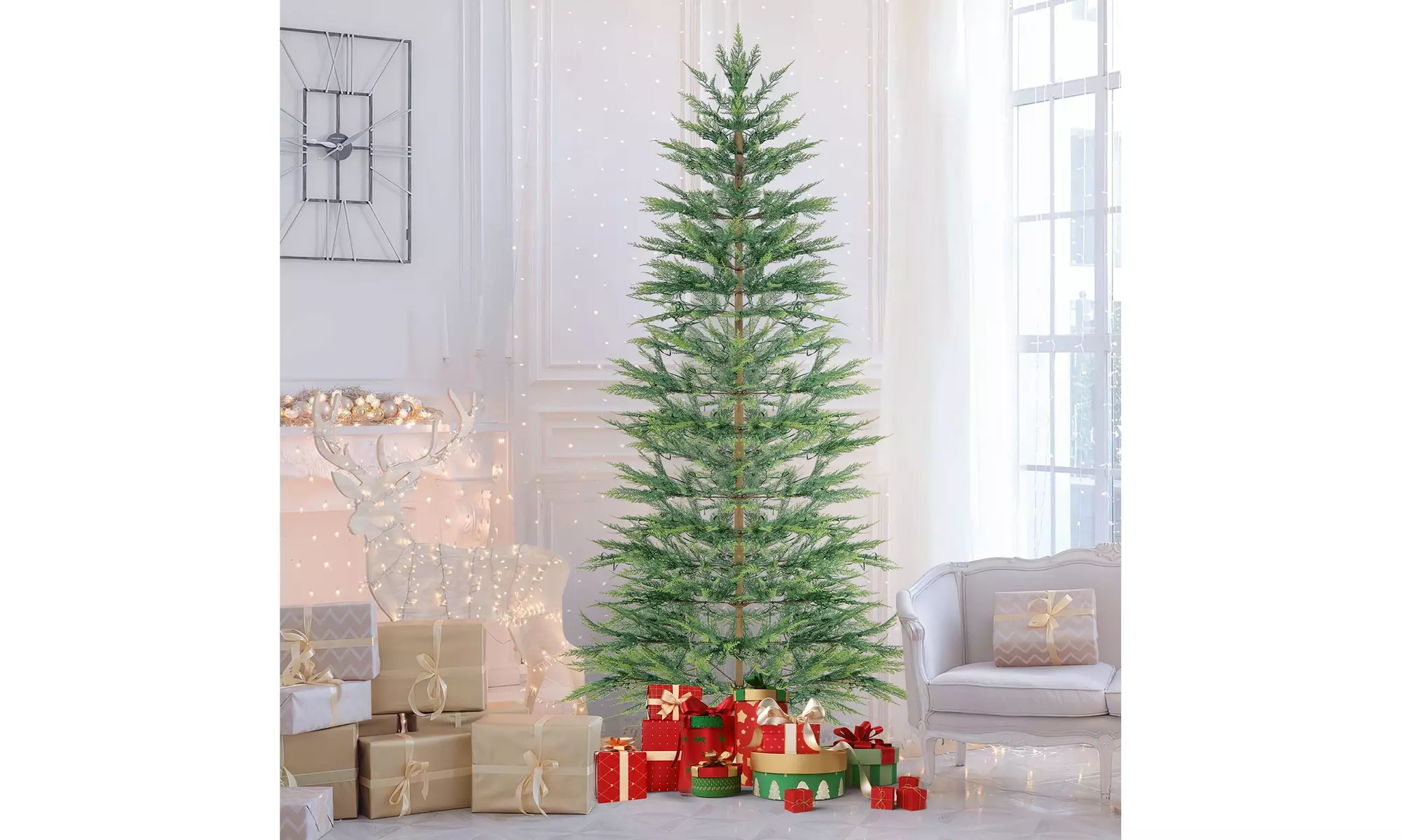Costway 6.5/7.5 FT Pre-Lit Christmas Tree Hinged w/ Branch Tips Timer Lights