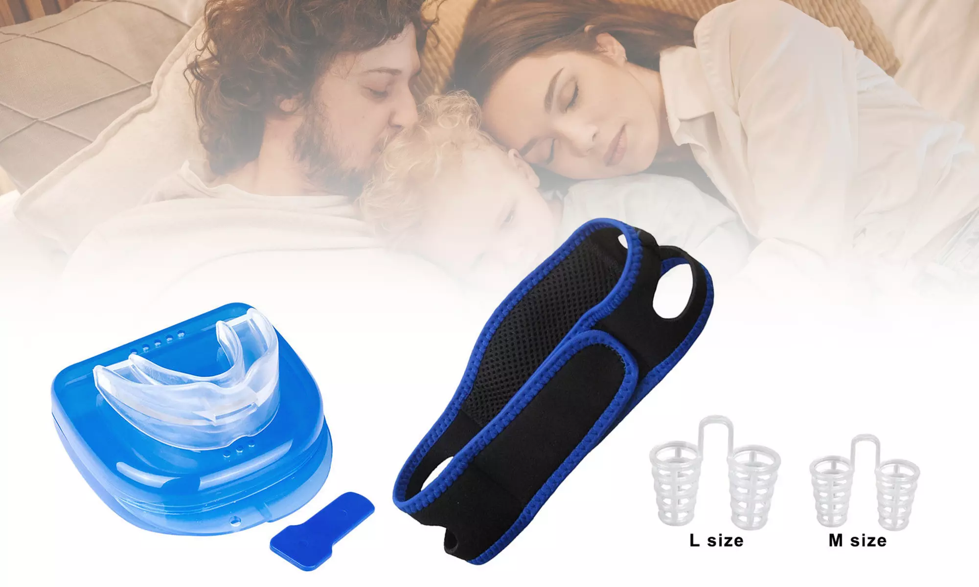 Sleep Aids Anti-Snore Kit of Adjustable Chin Strap,Mouth Guard,2 Nasal Dilators - Primary Image