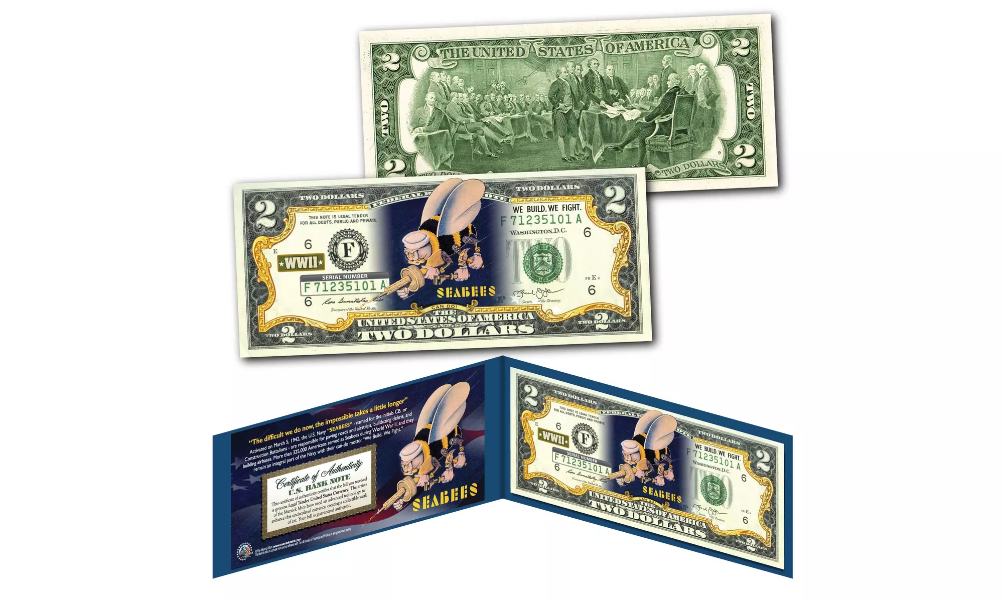 Navy SEABEES Offical Military WWII We Build. We Fight. Genuine Two-Dollar Bill