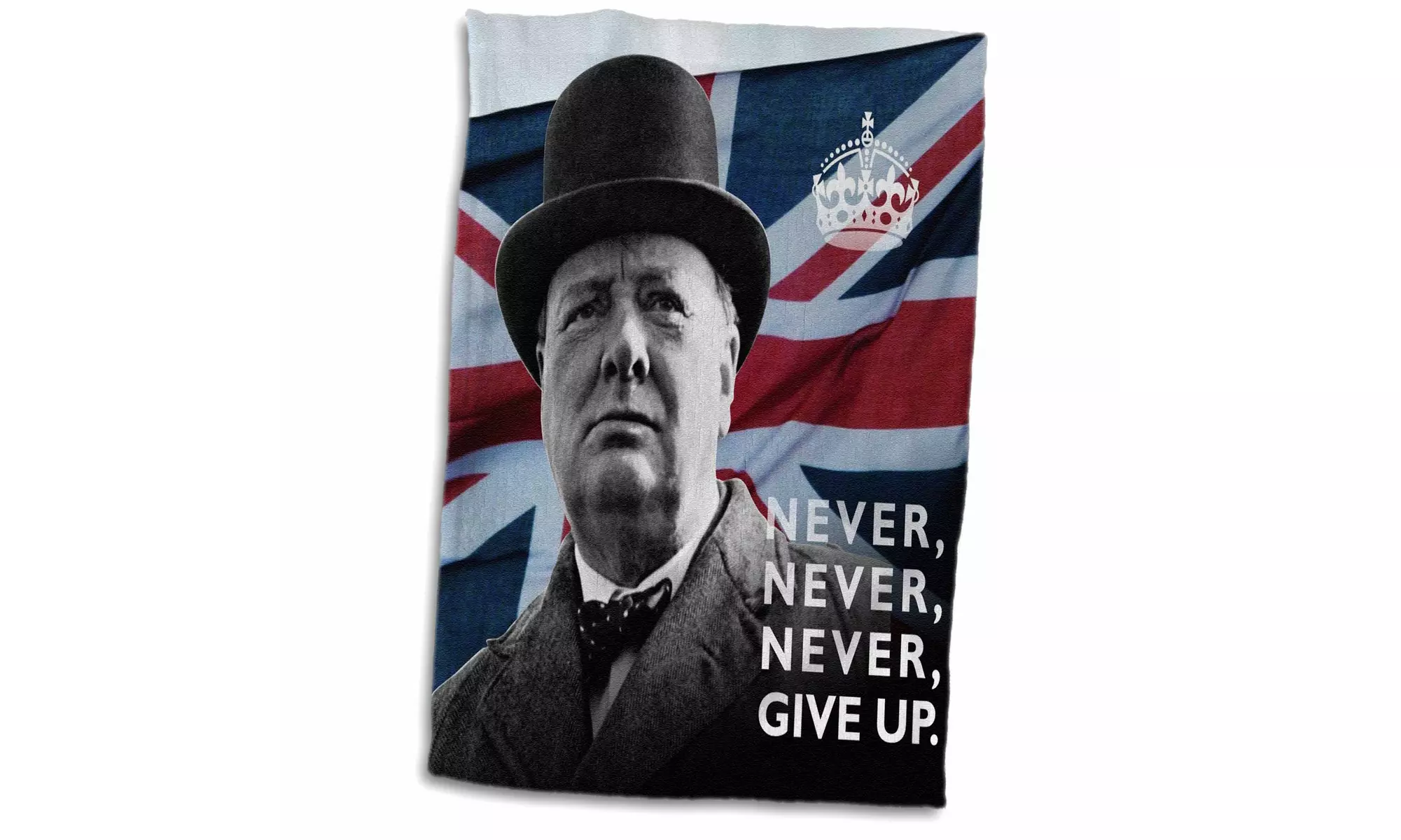  Towel - Winston Churchill- Never Give Up Quotation over Union Jack Background  - Primary Image