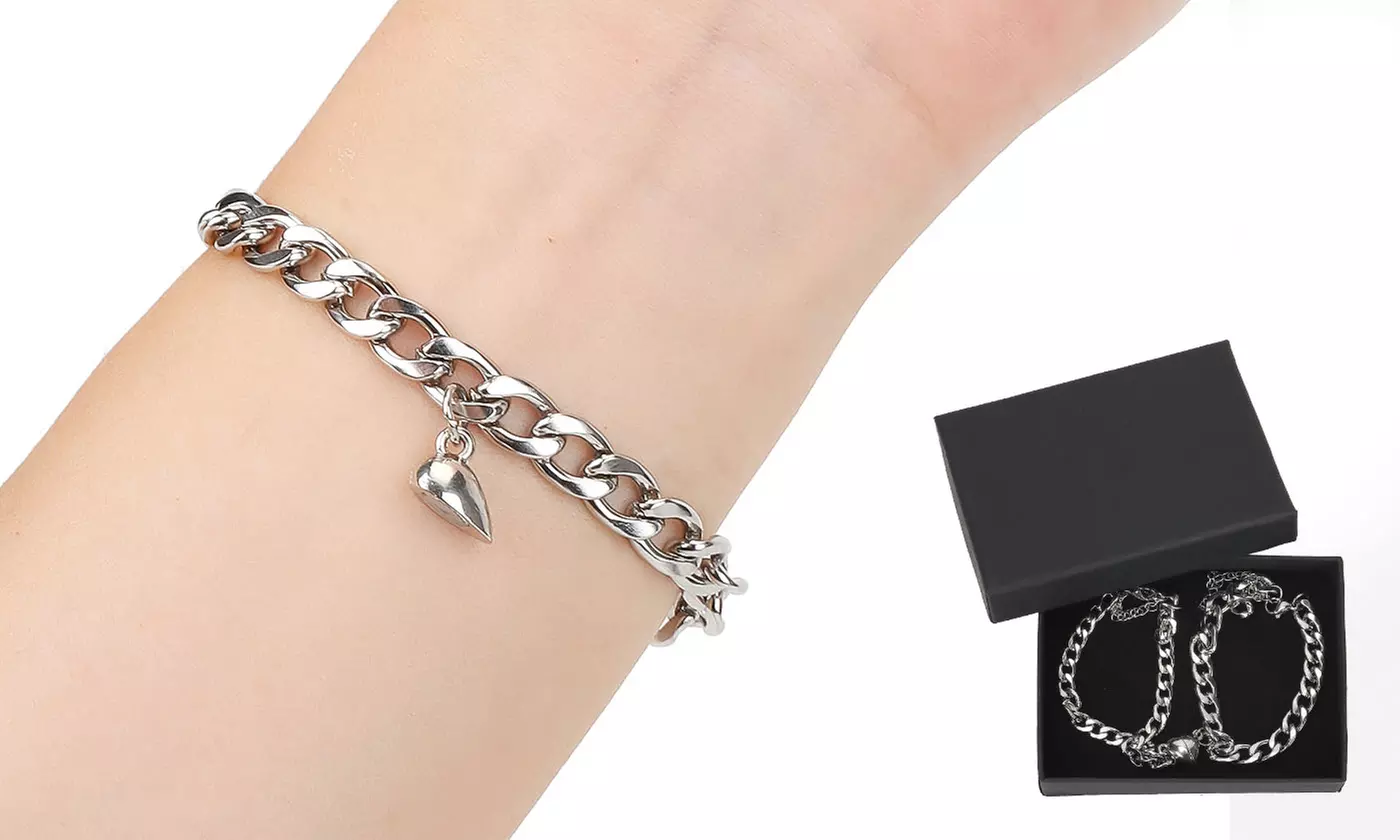 Set of 2 Couple Magnetic Matching Heart Puzzle Link Chain Heart Bracelet Set