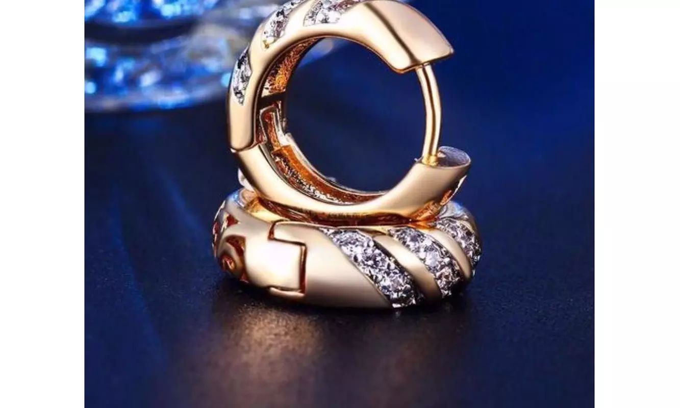 18K Gold CZ Crystal 3-Row Hoop Huggie Earrings