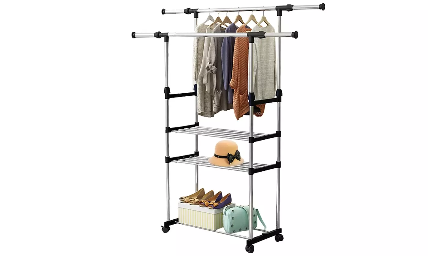 NewHome Extendable Double Rail Rolling Clothes Garment Hanging Rack w/ 3 Shelves