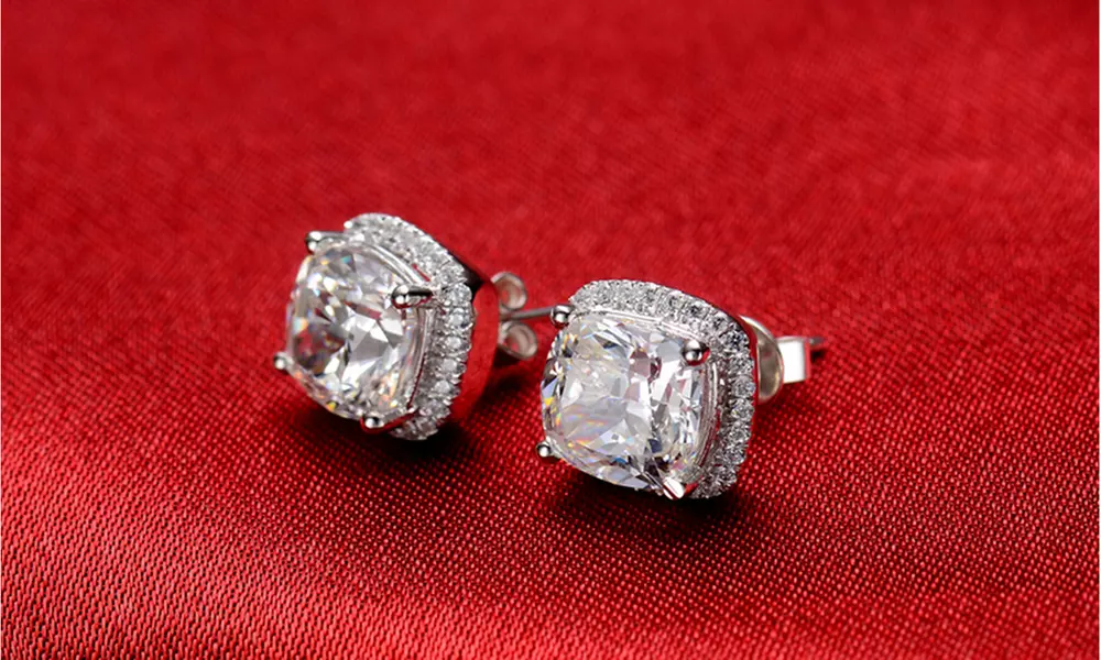 Sterling Silver Cubic Zirconia Cushion Cut Halo Studs