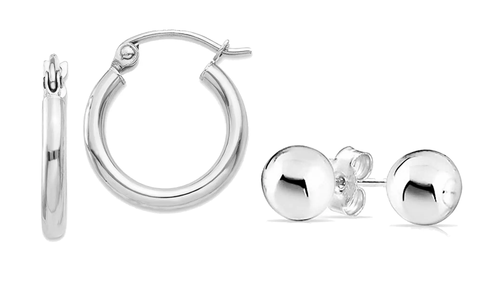 Polished Plain Hoop and Ball Stud Earrings Set in Solid Sterling Silver