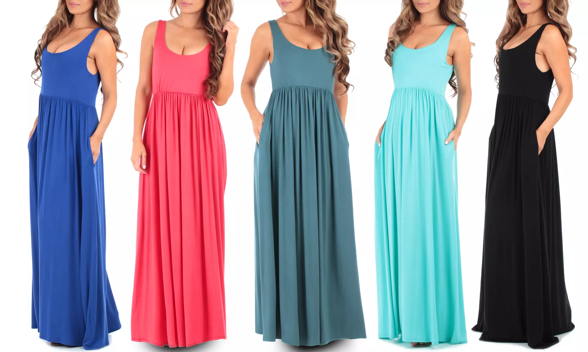 Women's Spring Ruched Maxi Dress with Pockets - Primary Image