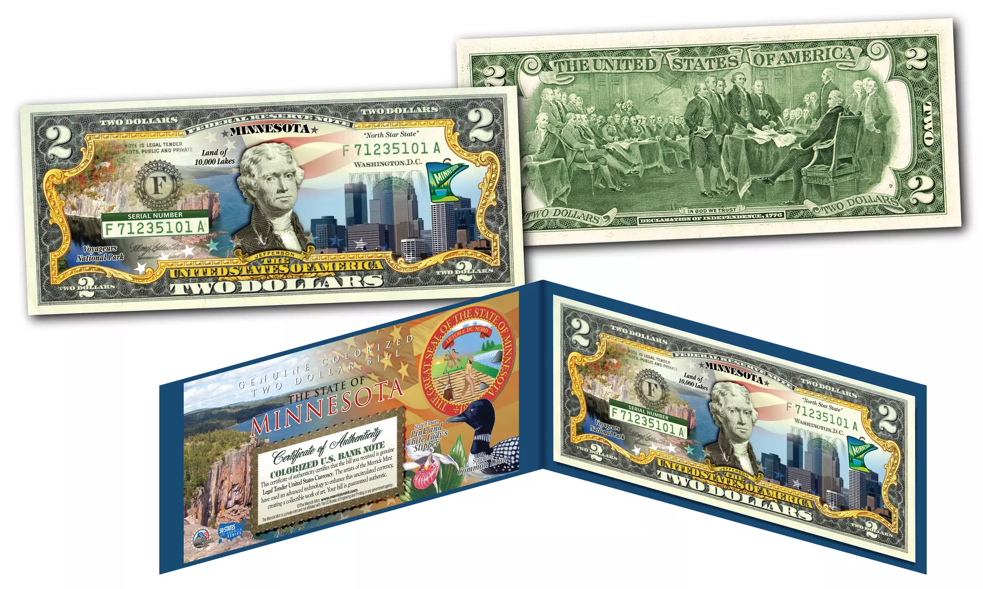 Official Genuine Legal Tender U.S. 2 Dollar Bills Honoring America's 50 States 
