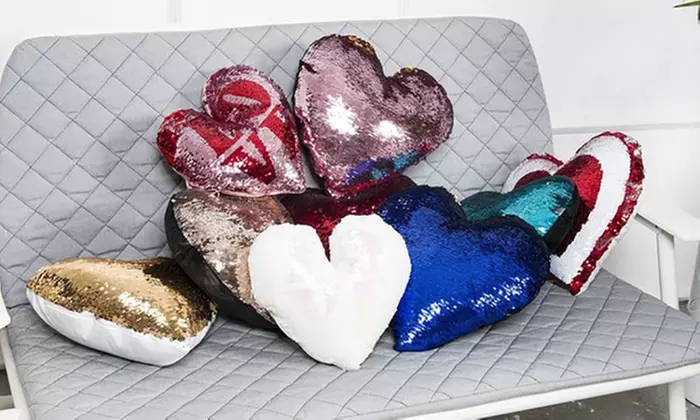 Mermaid Reversible Sequin Color Heart-Shaped Decorative Pillow - Primary Image